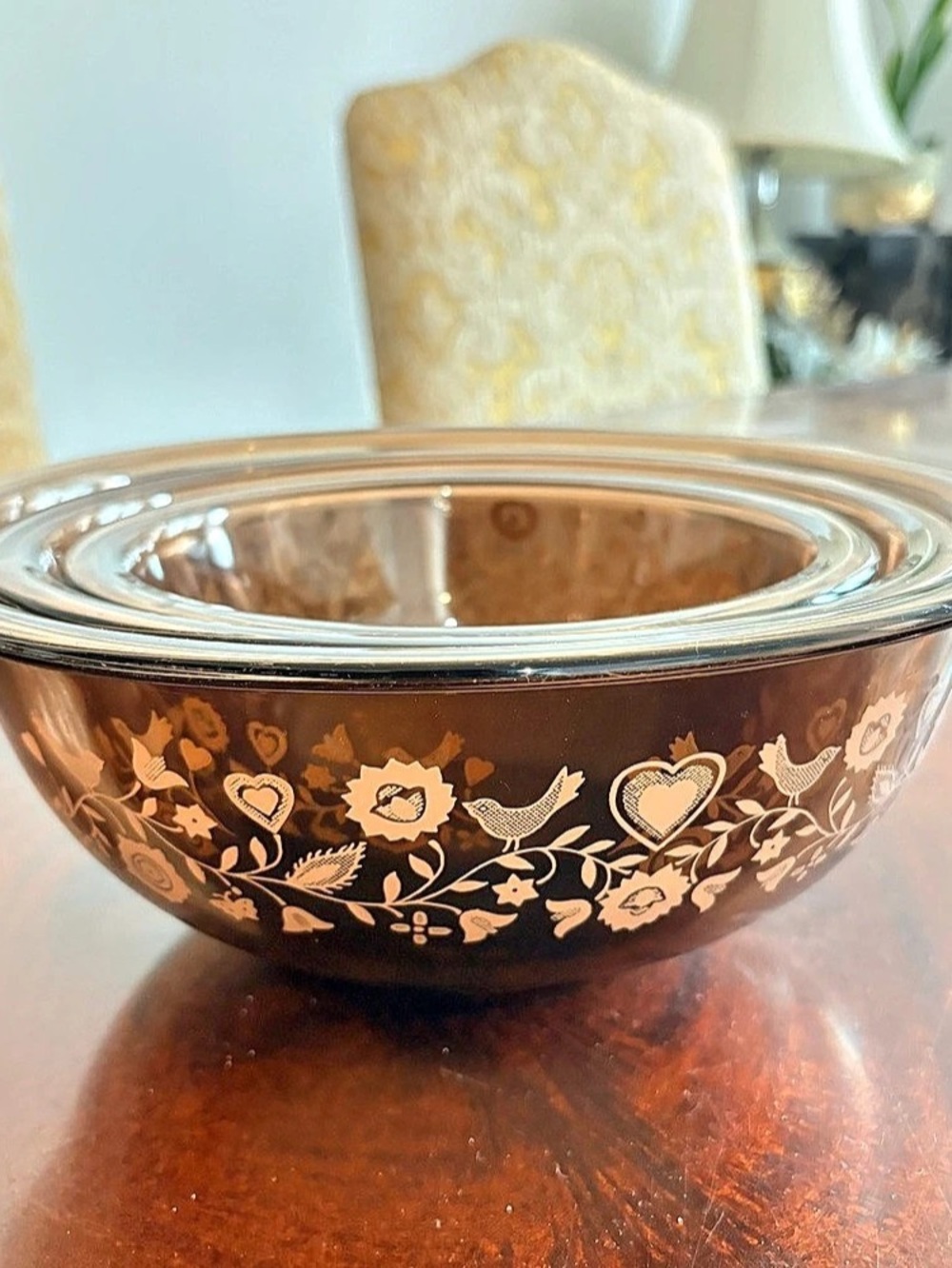 Vintage Pyrex Festive Harvest Amber Nesting Bowls Flowers Hearts Birds Set of 3